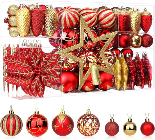 106PCS Shatterproof Christmas Ornaments Set in Red & Gold for Holiday Decor