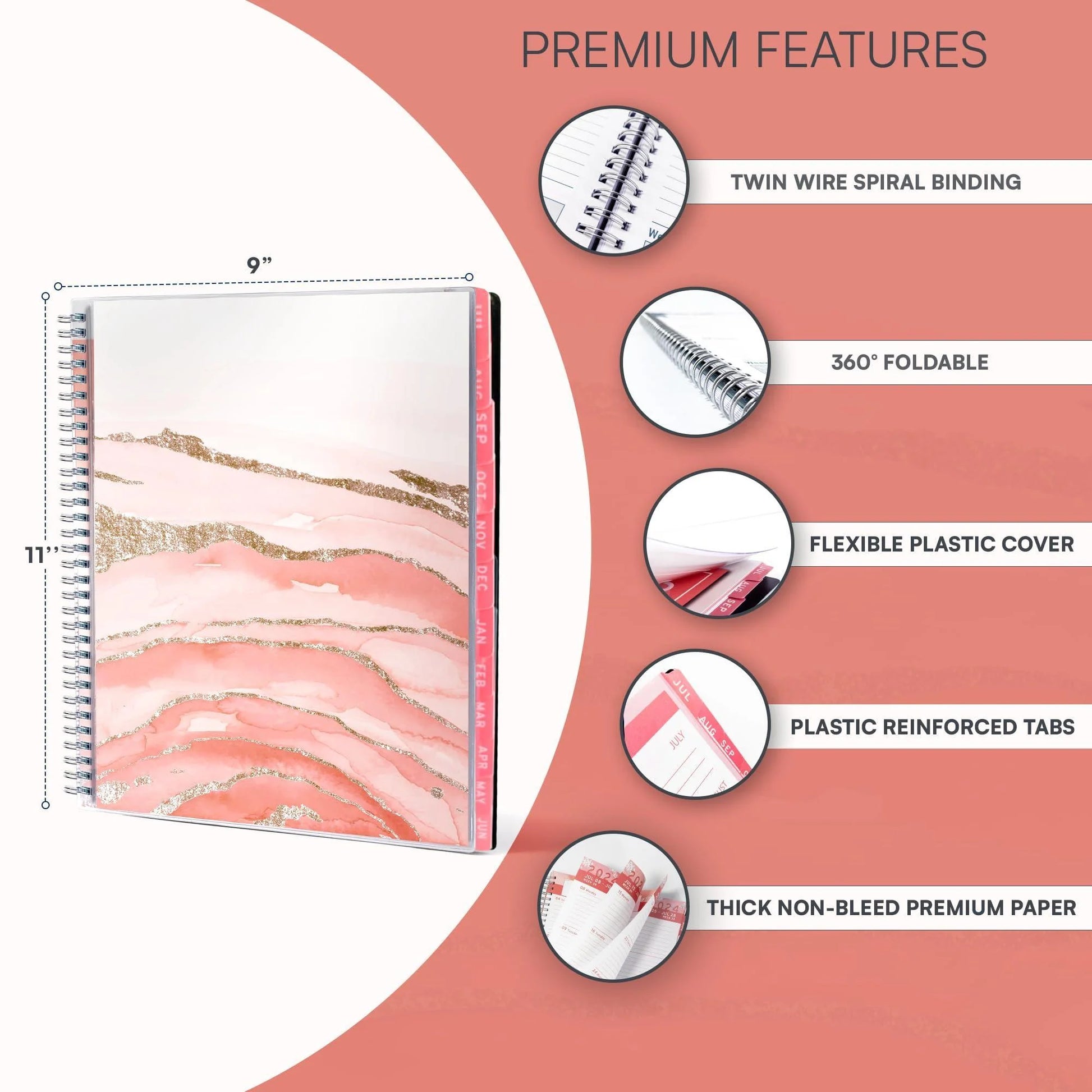 Aesthetic Planner Academic Year July 2024 June 2025 8.5X11 Inch Marble Pink