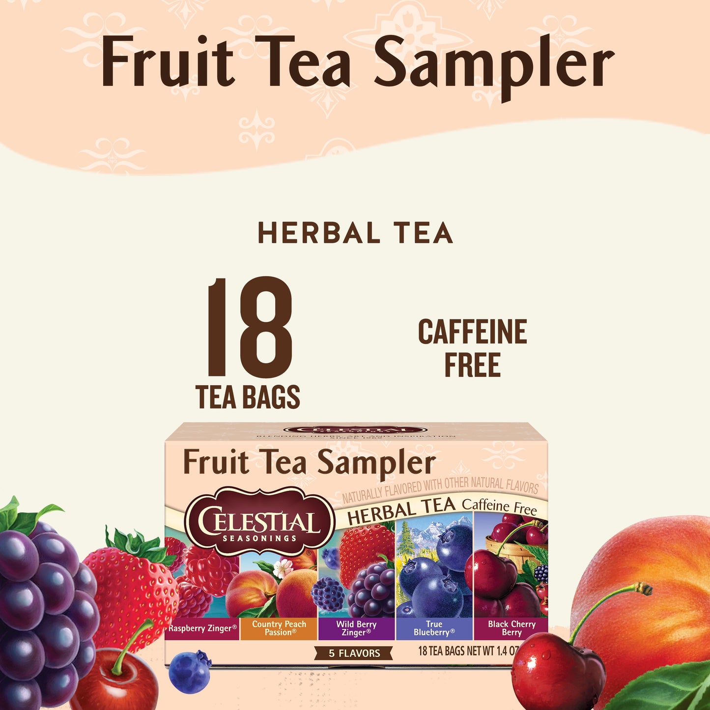 Fruit Tea Sampler, Caffeine-Free Herbal Tea Bags (18 Count)