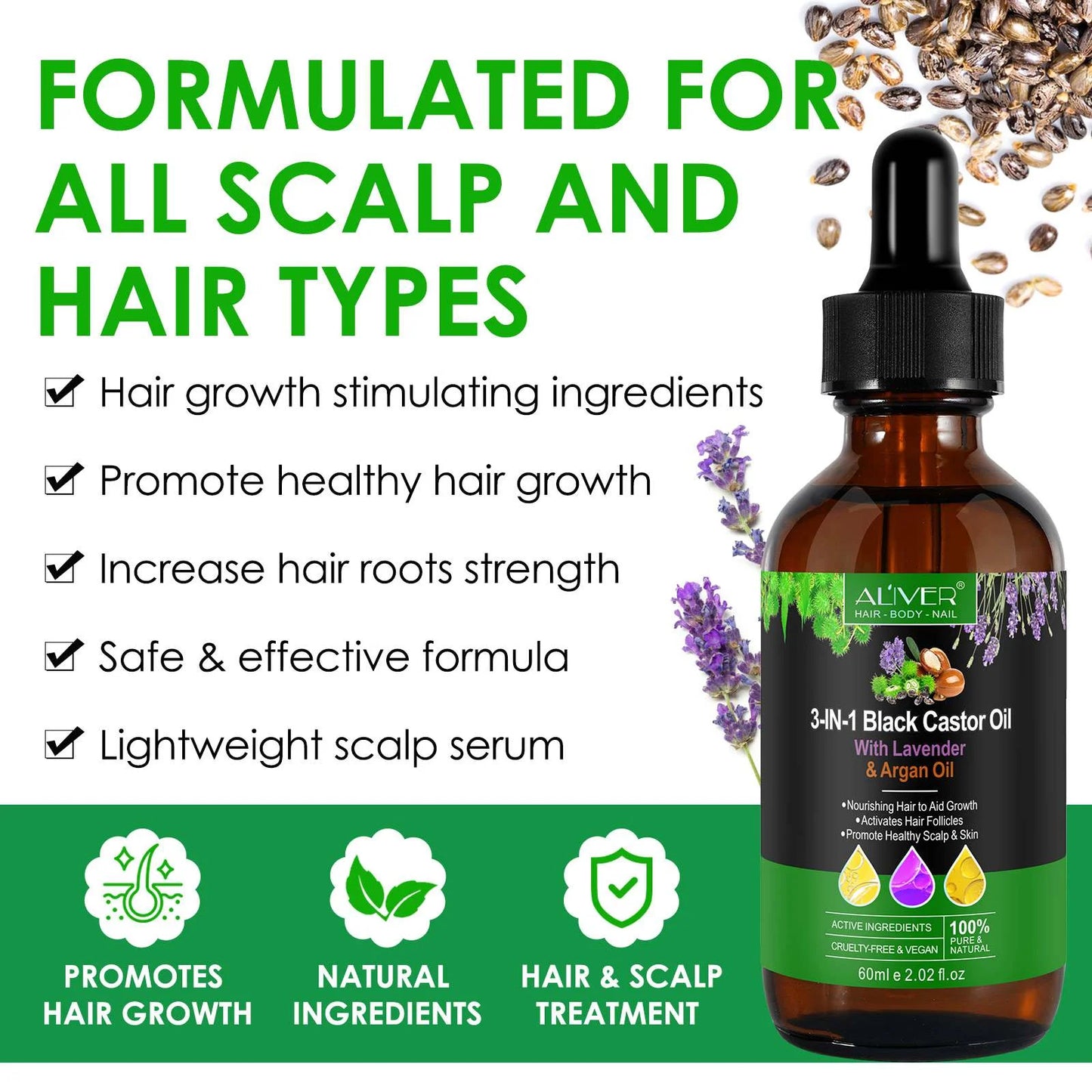 3-IN-1 Black Castor Oil with Lavender & Argan Oil, 100% Pure & Natural, Hair Care & Skin Care, Organic Cold-Pressed, Cruelty-Free & Vegan, 2.02 Fl Oz