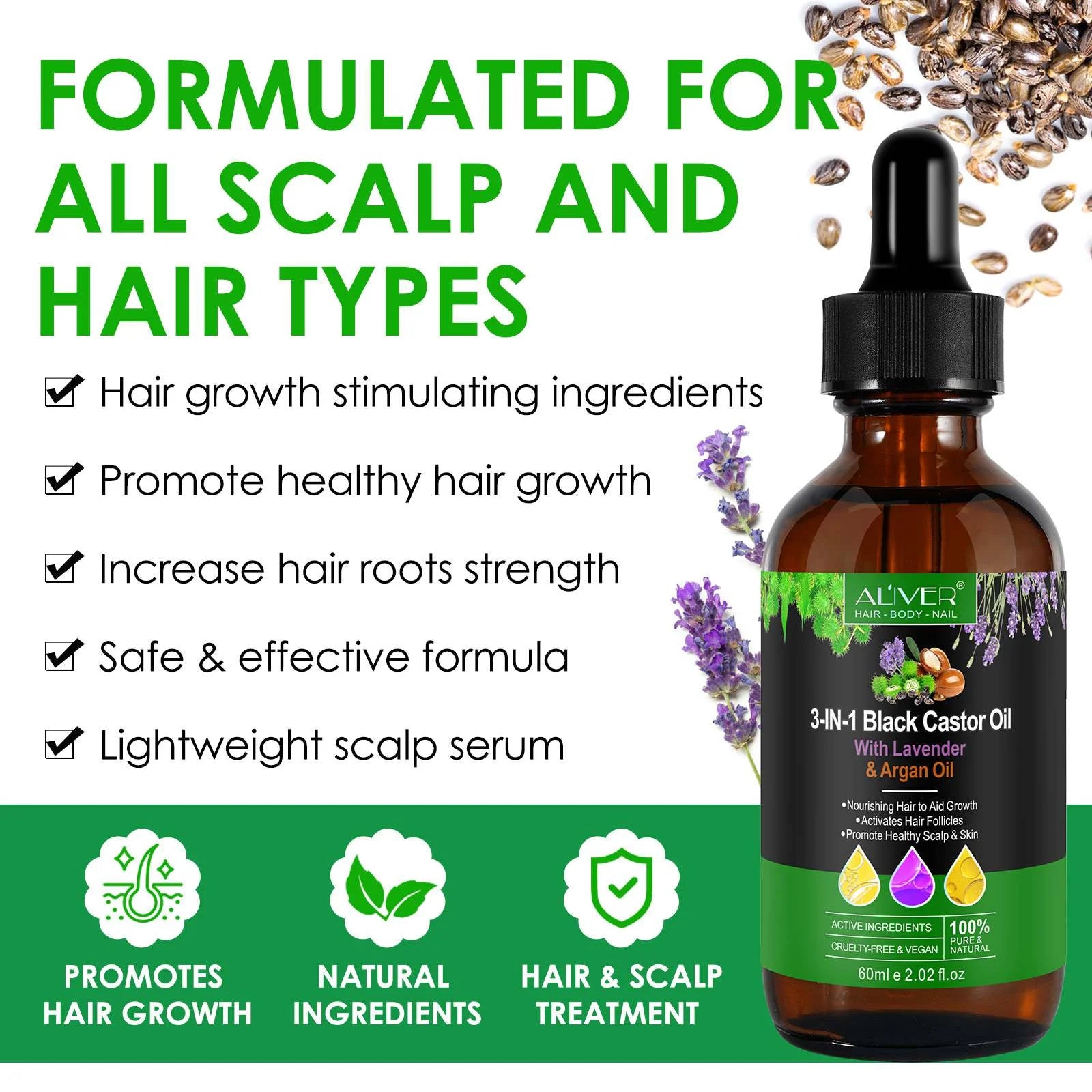 3-IN-1 Black Castor Oil with Lavender & Argan Oil, 100% Pure & Natural, Hair Care & Skin Care, Organic Cold-Pressed, Cruelty-Free & Vegan, 2.02 Fl Oz