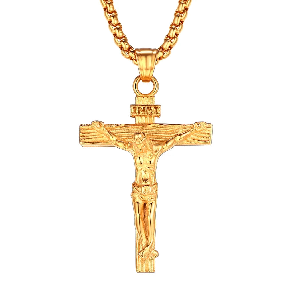 INRI Cross Pendant Crucifix Necklace Mens Gold Plated Religious Catholic Christian Neck Chains Jewelry Gift for Women Mom Birthday