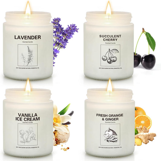 Soy Wax Scented Candle Gift Set, 4 Pack Lavender, Orange & Ginger, Vanilla Scents, Long Lasting Aromatherapy Candles for Home, Relaxing Holiday & Thanksgiving Christmas Gifts for Women, Mom & Friends