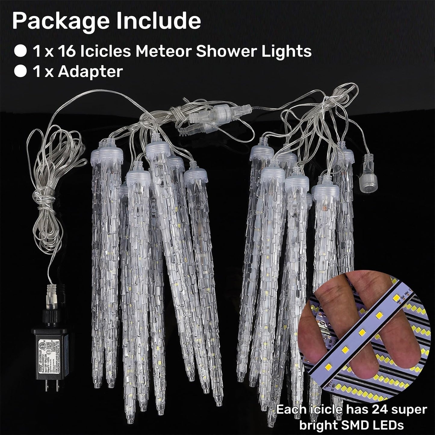 16 Blue Icicle Meteor Shower Lights, 12" Connectable LED Holiday Decor