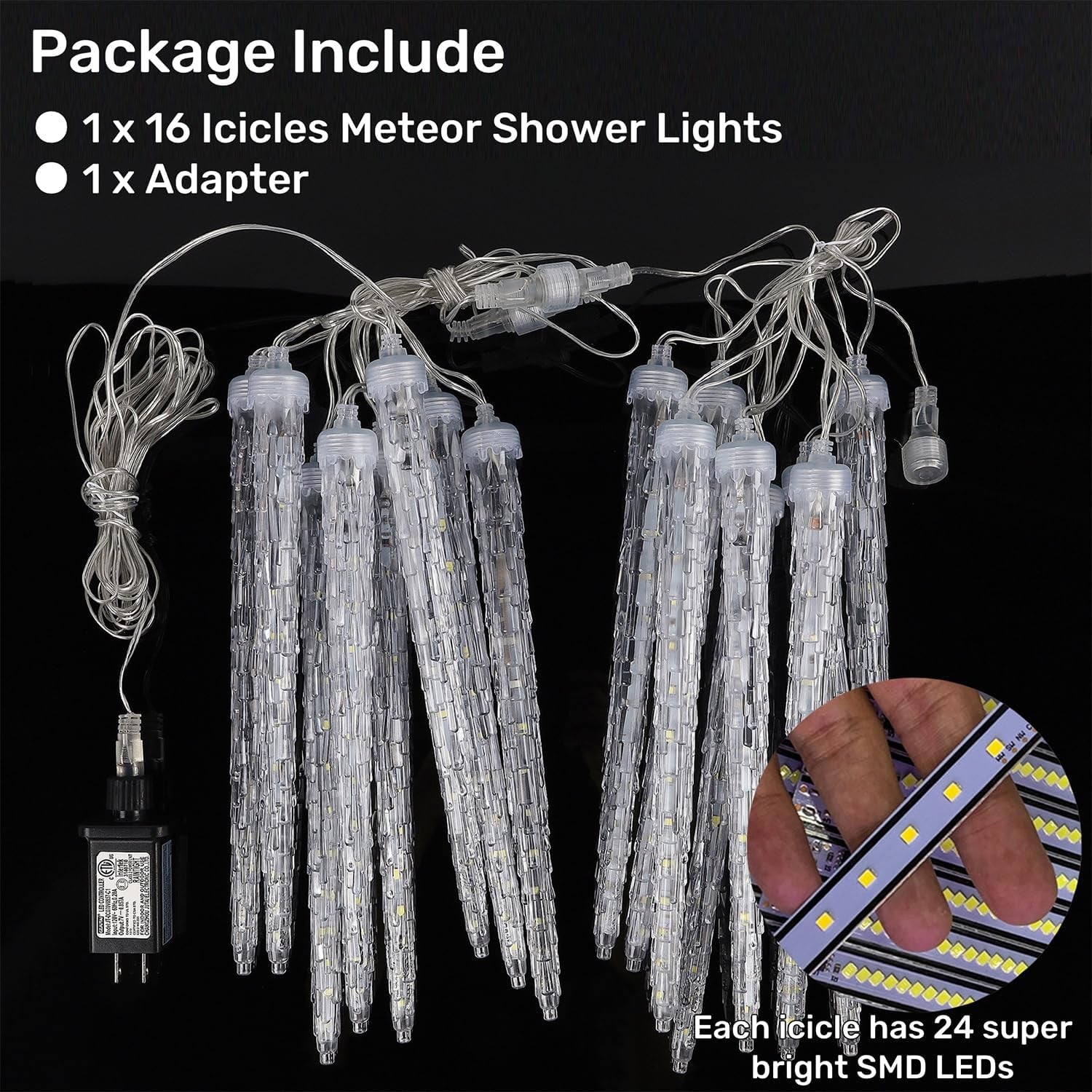 16 Blue Icicle Meteor Shower Lights, 12" Connectable LED Holiday Decor
