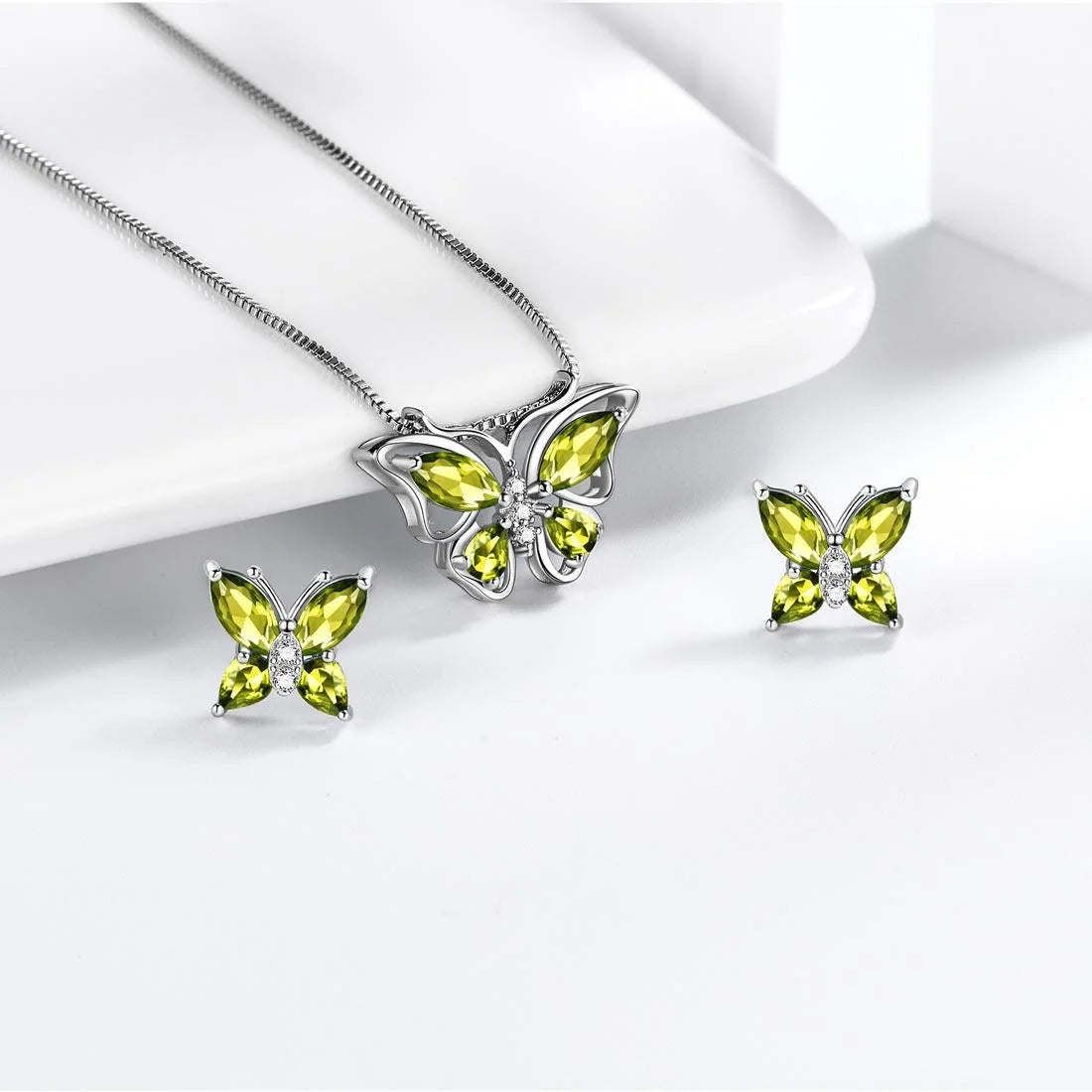 Green Butterfly Jewelry Peridot August Birthstone Jewelry Set Fine Necklace/Earrings 925 Sterling Silver Birthday Mother'S Day Gifts for Women