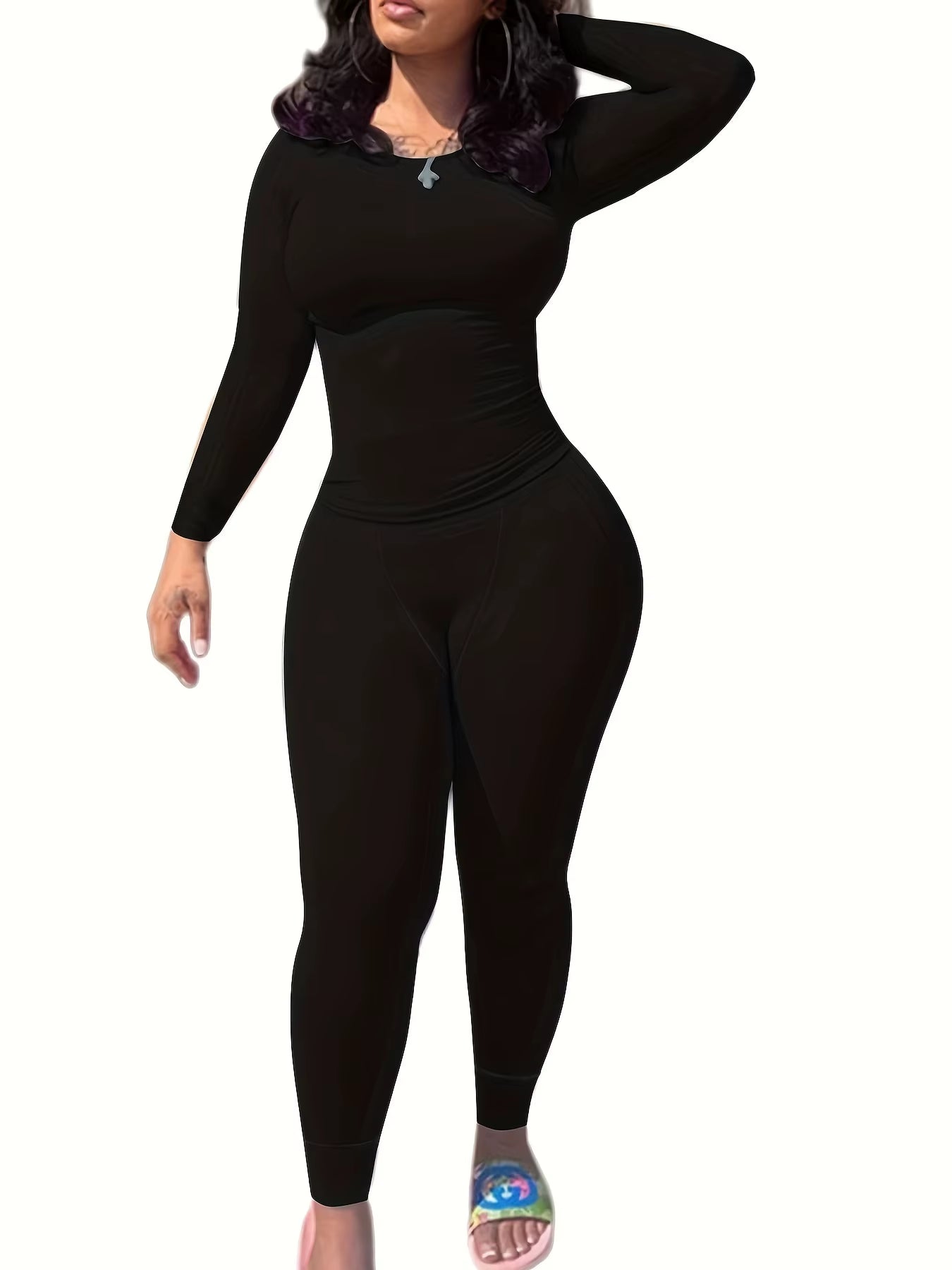 2Pcs Solid Color Yoga Workout Set Long Sleeve round Neck Top & High Stretch Running Sports Leggings Suit Women'S Activewear