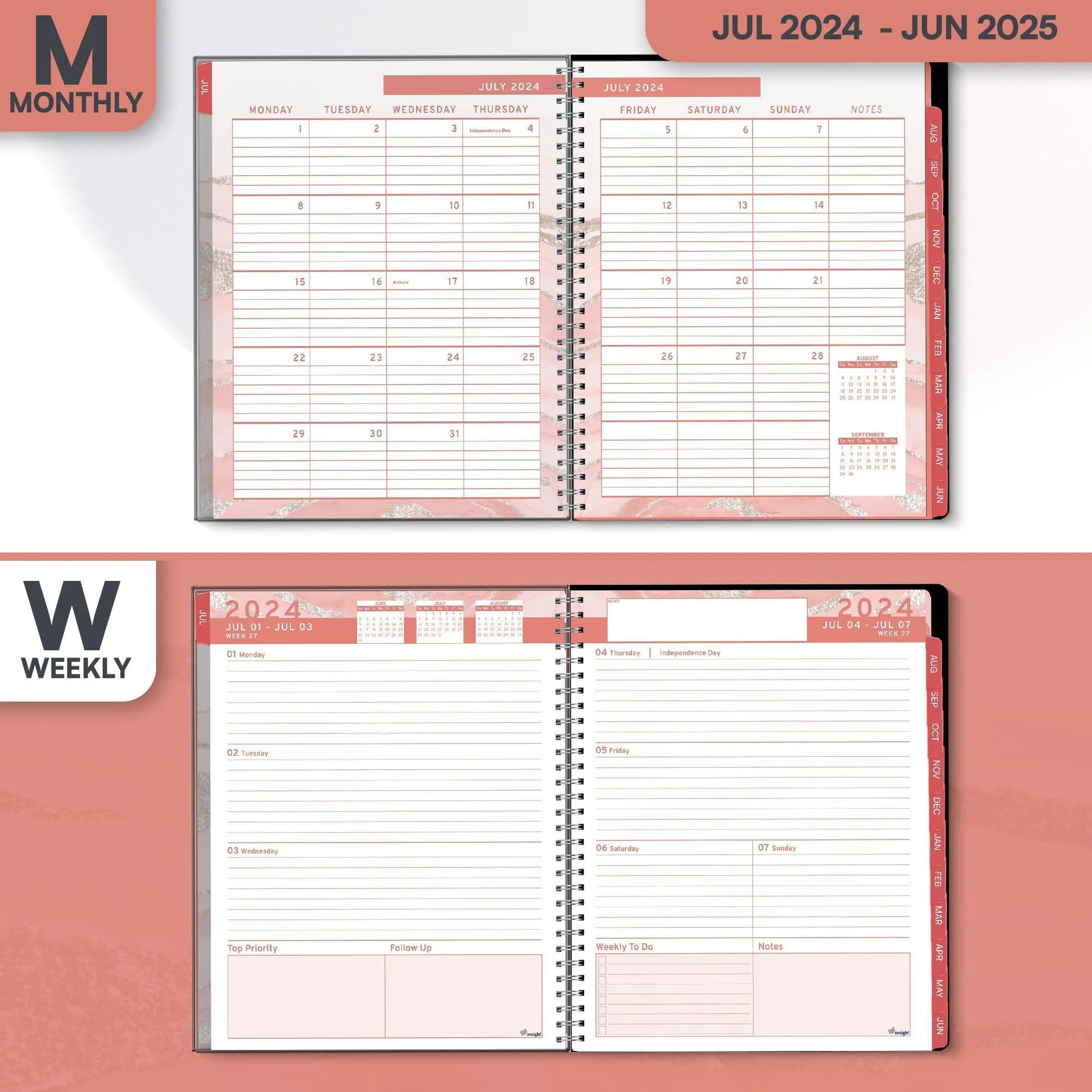 Aesthetic Planner Academic Year July 2024 June 2025 8.5X11 Inch Marble Pink