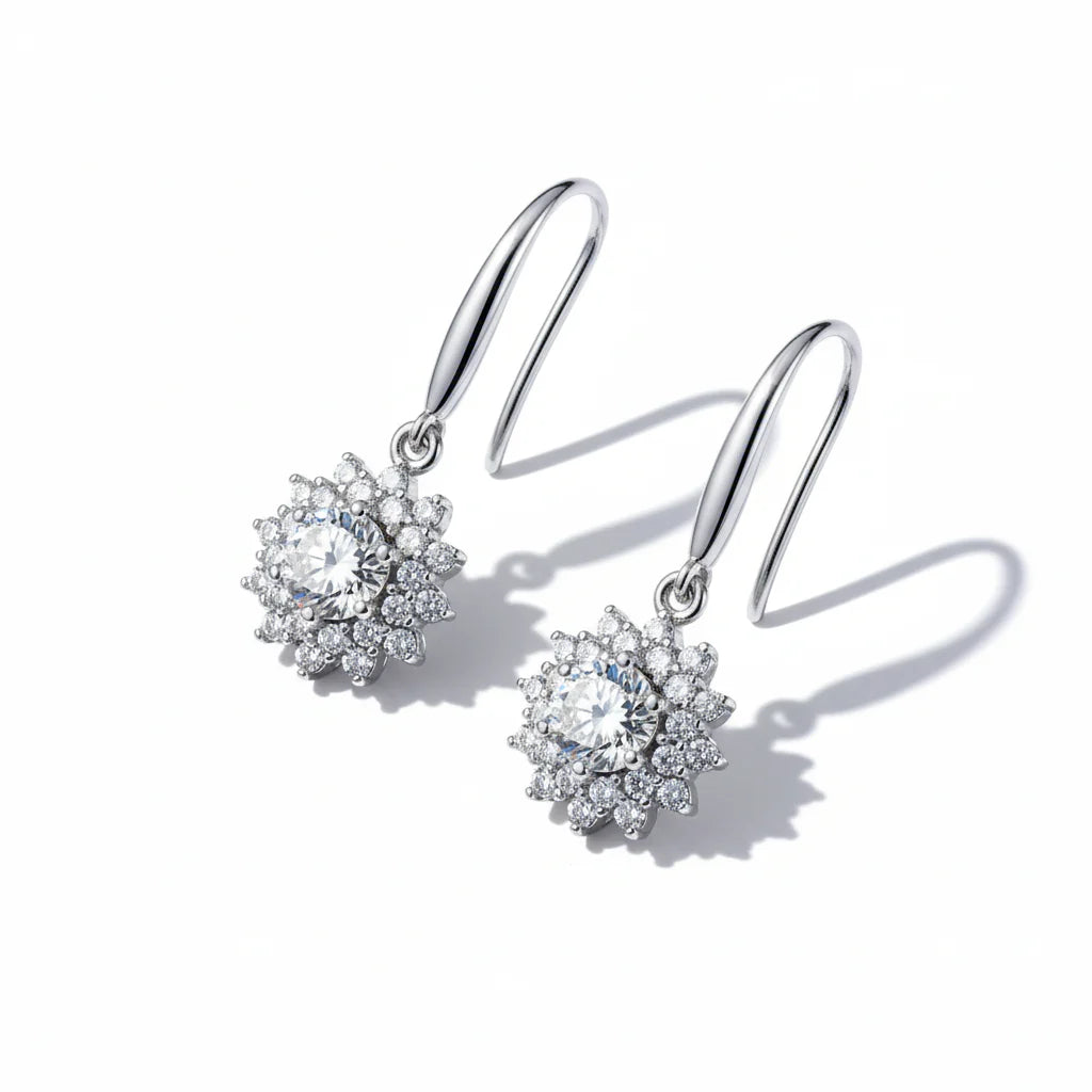 Sterling Silver White Gold Plated Moissanite Sunflower Dangle Earrings Wedding Jewelry S925