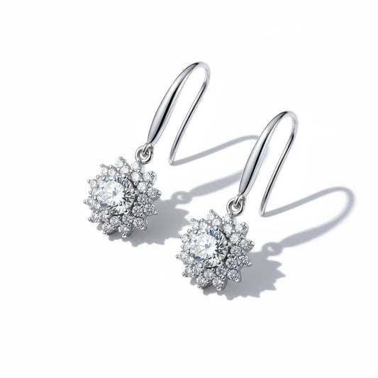 Sterling Silver White Gold Plated Moissanite Sunflower Dangle Earrings Wedding Jewelry S925