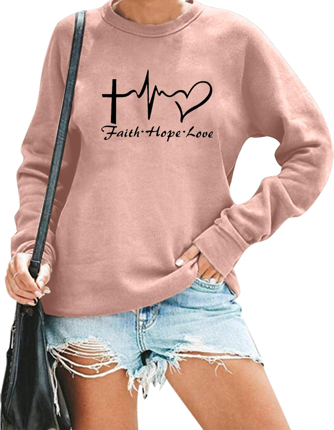 Christian Sweatshirt Women Faith Hope Love Long Sleeve Crewneck Inspirational Graphic Pullover Blouse Top
