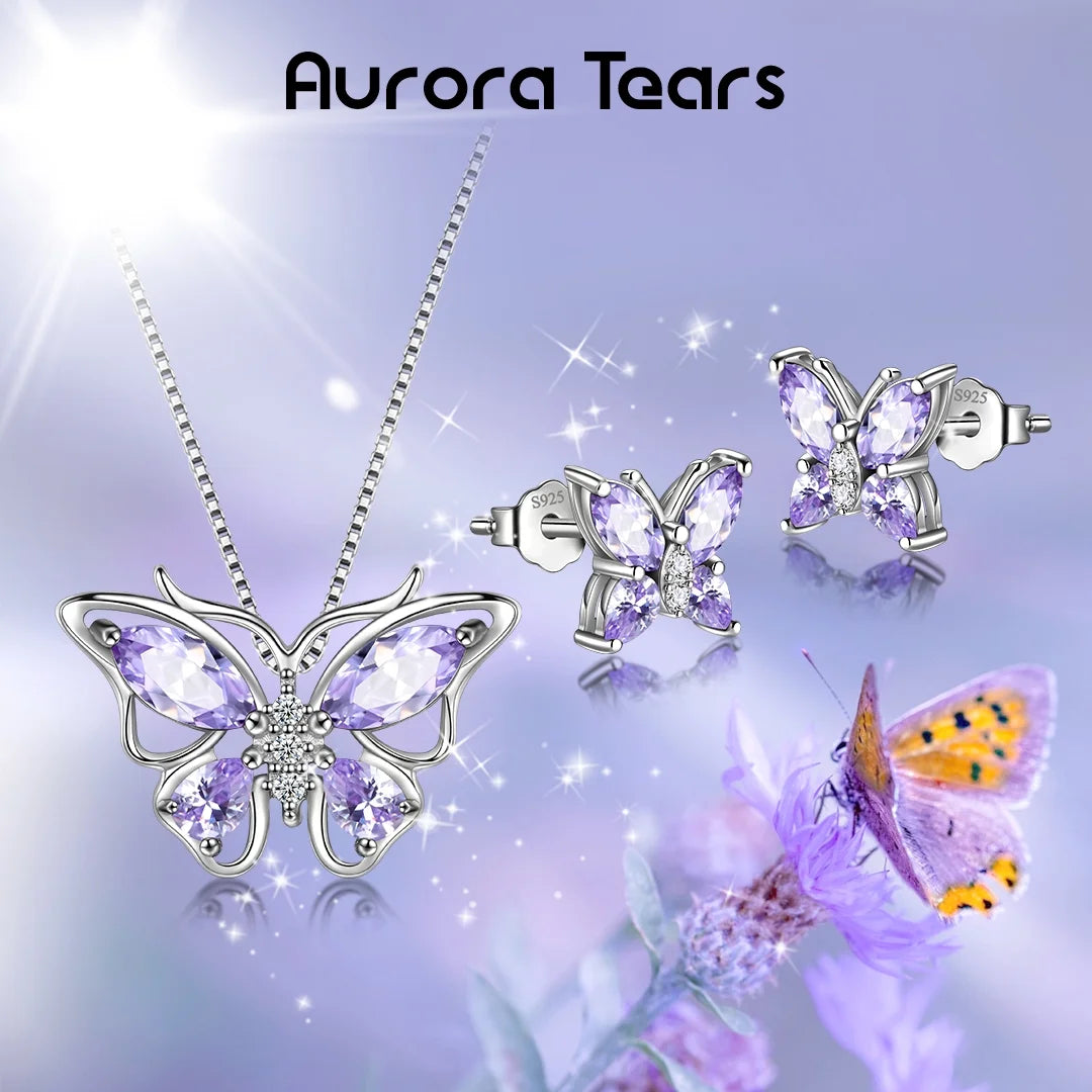 Purple Butterfly Jewelry Alexandrite June Birthstone Jewelry Set Fine Necklace/Earrings Sterling Silver Women Birthday Mother'S Day Xmas Gifts