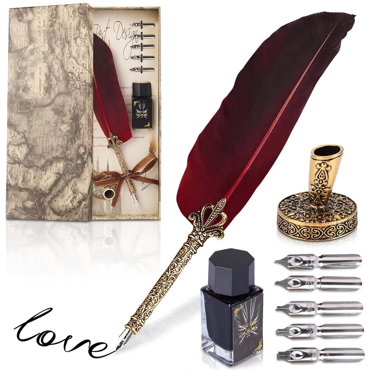 Feather Quill Pen and Ink Set - Calligraphy Dip Pen Antique Feather Pen Set