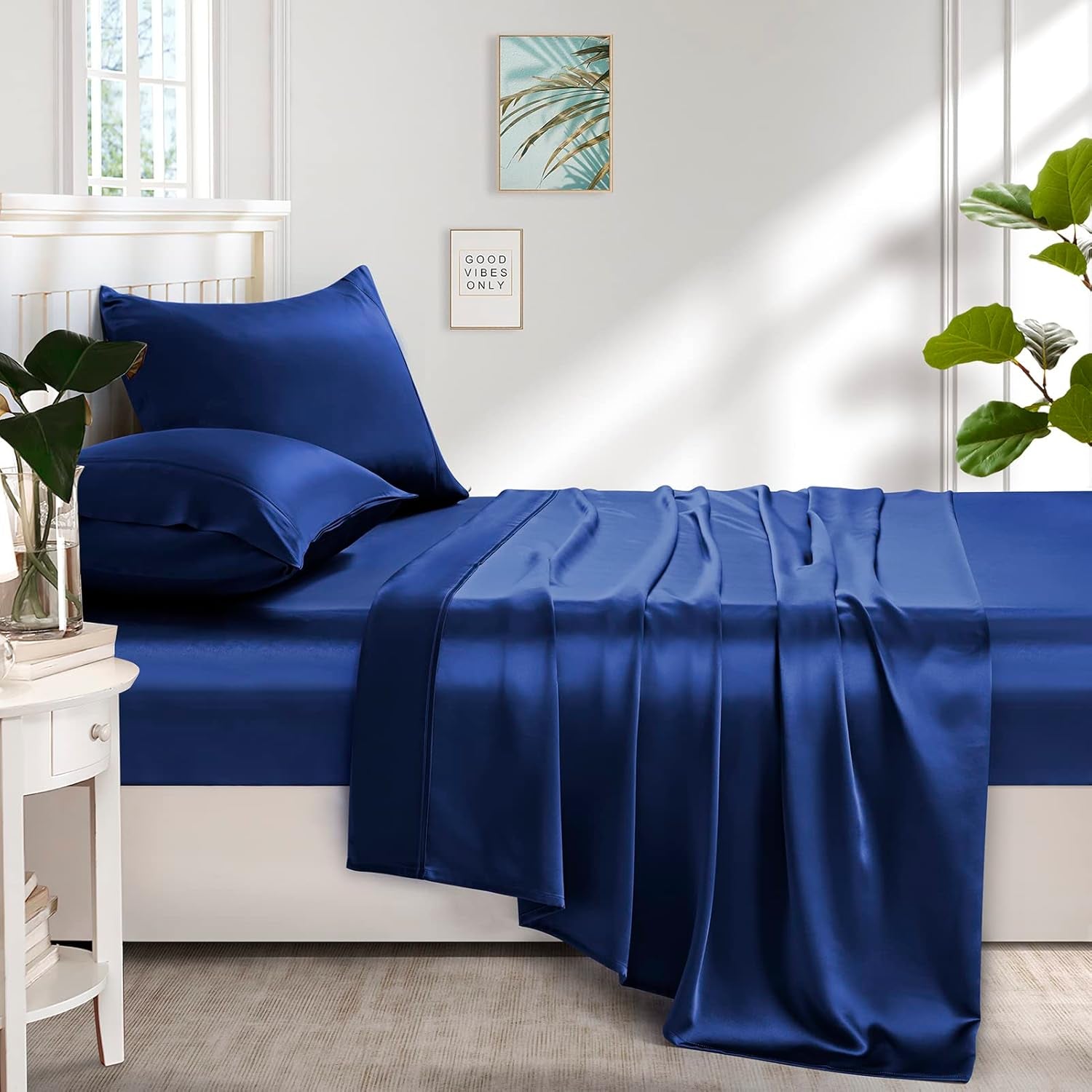 Silk Satin Sheets, Queen Size Satin Bed Sheet Set with Deep Pockets, Cooling Soft and Hypoallergenic Satin Sheets Queen - Navy Blue
