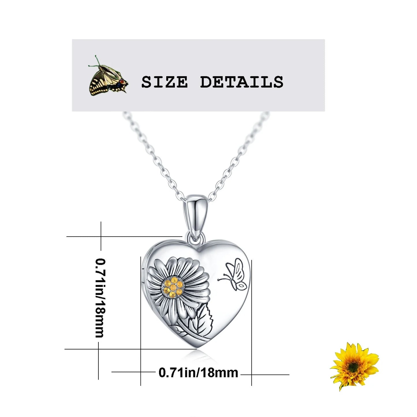 Heart Sunflower Locket Necklace 925 Sterling Silver Sunflower Butterfly Locket Necklace That Hold 2 Photos Locket Jewelry Gift for Women
