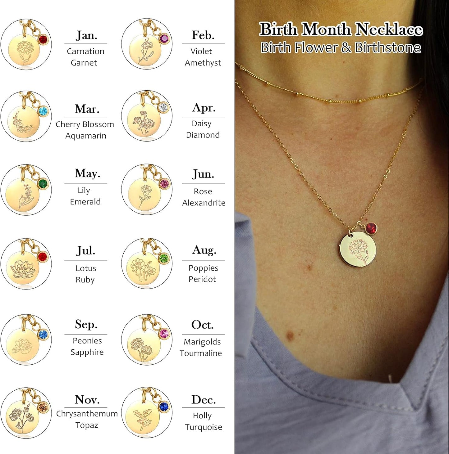 Birthday Gifts for Her Birth Flower Necklaces, 18K Gold Plated Dainty Birth Month Floral Birthstone Disc Coin Pendant Necklaces | Women Wildflower Jewelry Gifts for Valentines Anniversary