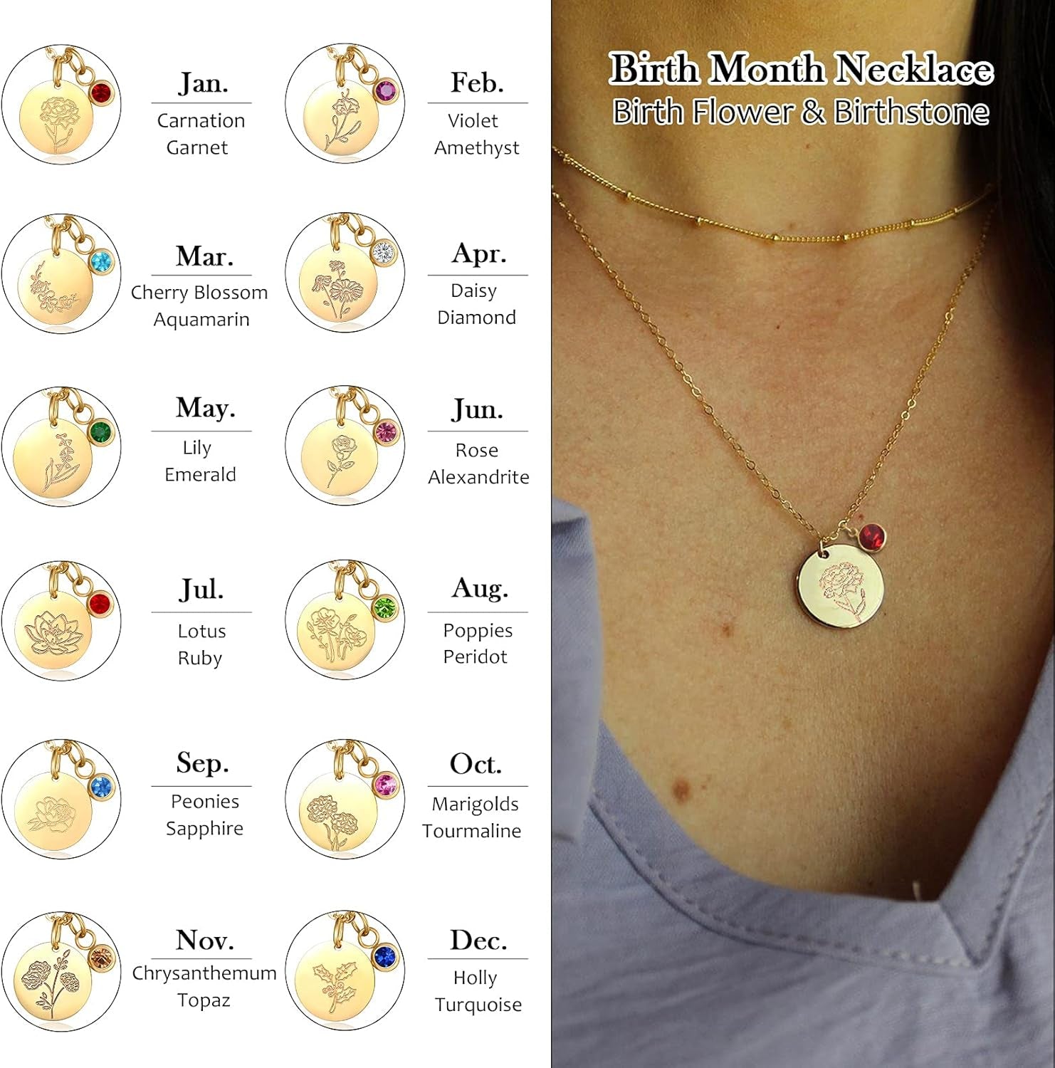 Birthday Gifts for Her Birth Flower Necklaces, 18K Gold Plated Dainty Birth Month Floral Birthstone Disc Coin Pendant Necklaces | Women Wildflower Jewelry Gifts for Valentines Anniversary