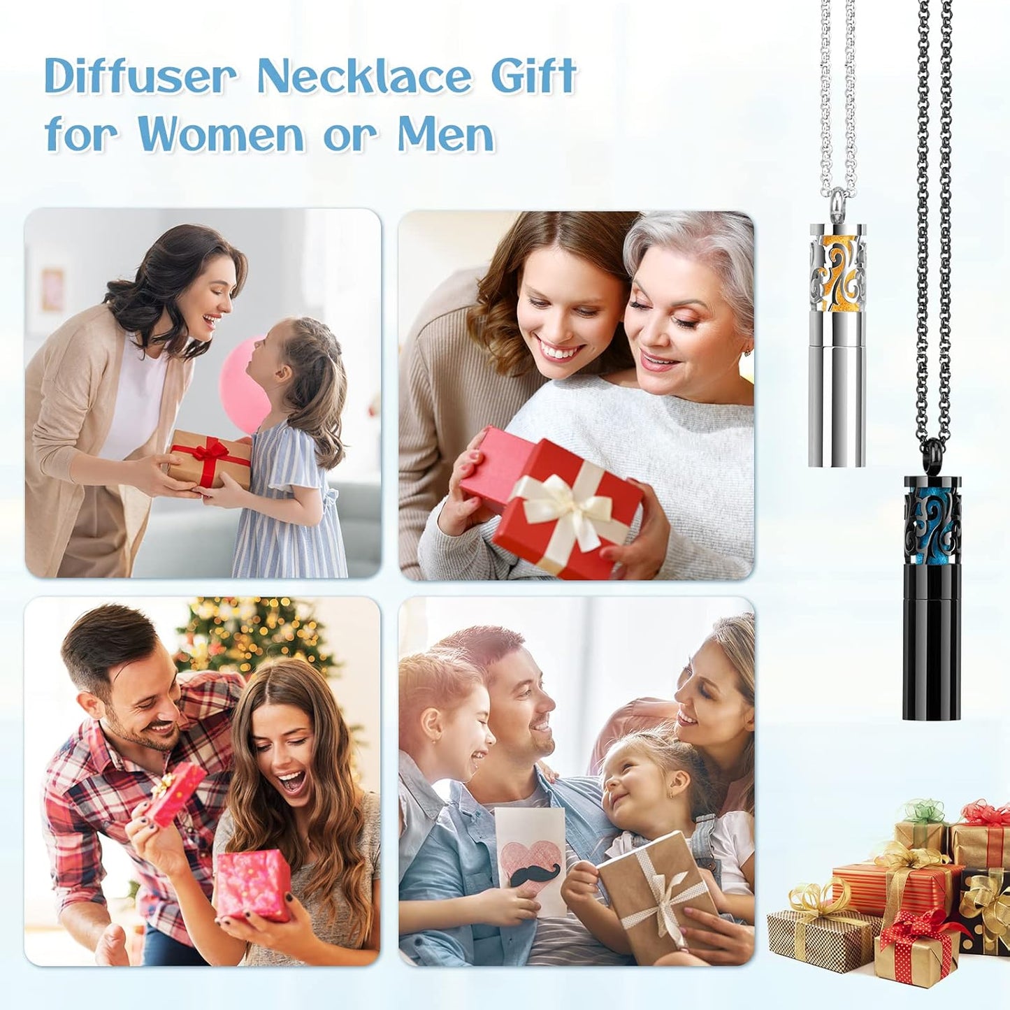 Essential Oil Diffuser Necklaces for Women, 2PCS Aromatherapy Necklaces Stainless Steel Diffuser Locket Pendant Cylinder with 20 Felt Pads, Aroma Necklaces Gift Set for Mothers Day