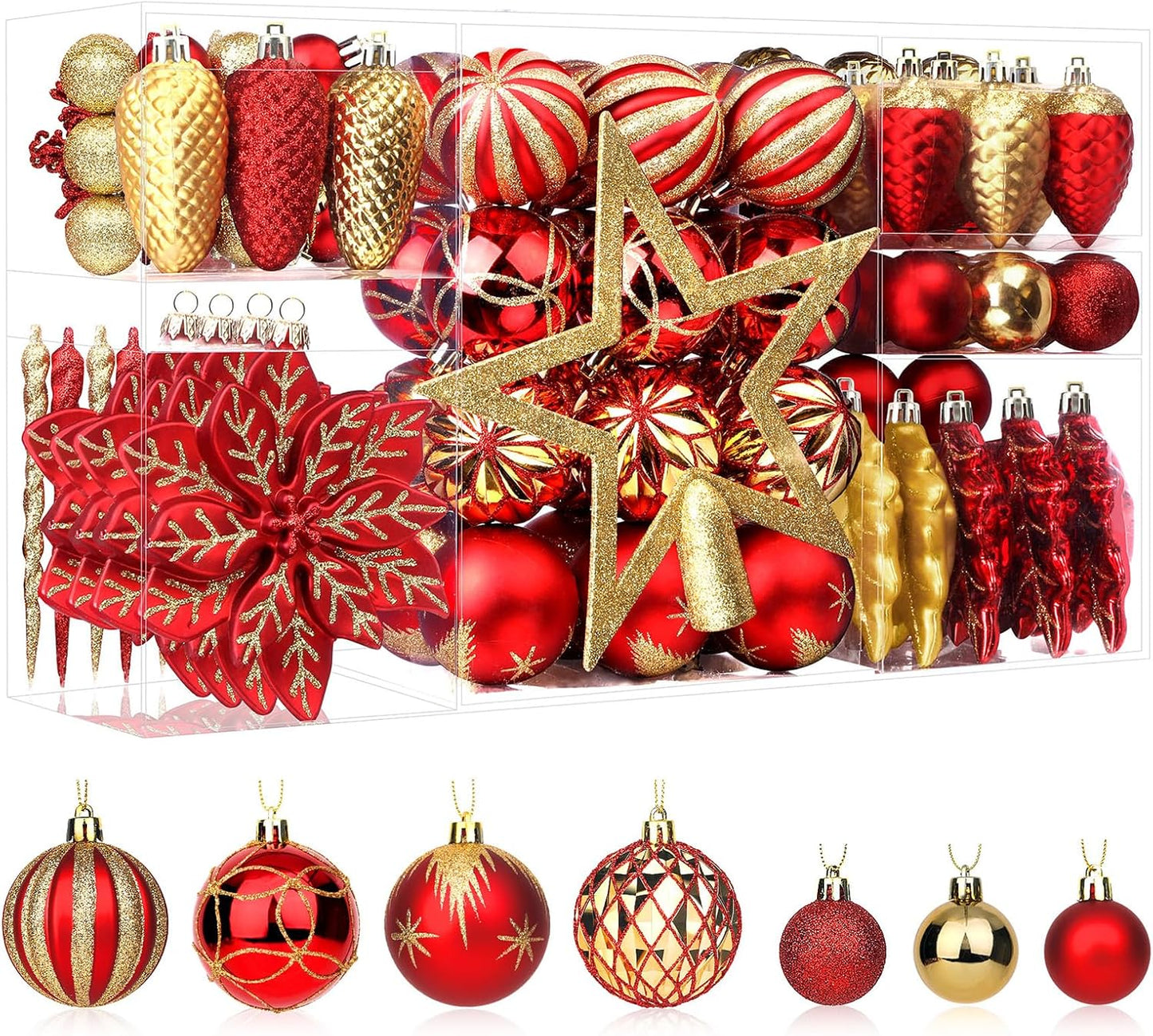 106PCS Shatterproof Christmas Ornaments Set in Red & Gold for Holiday Decor