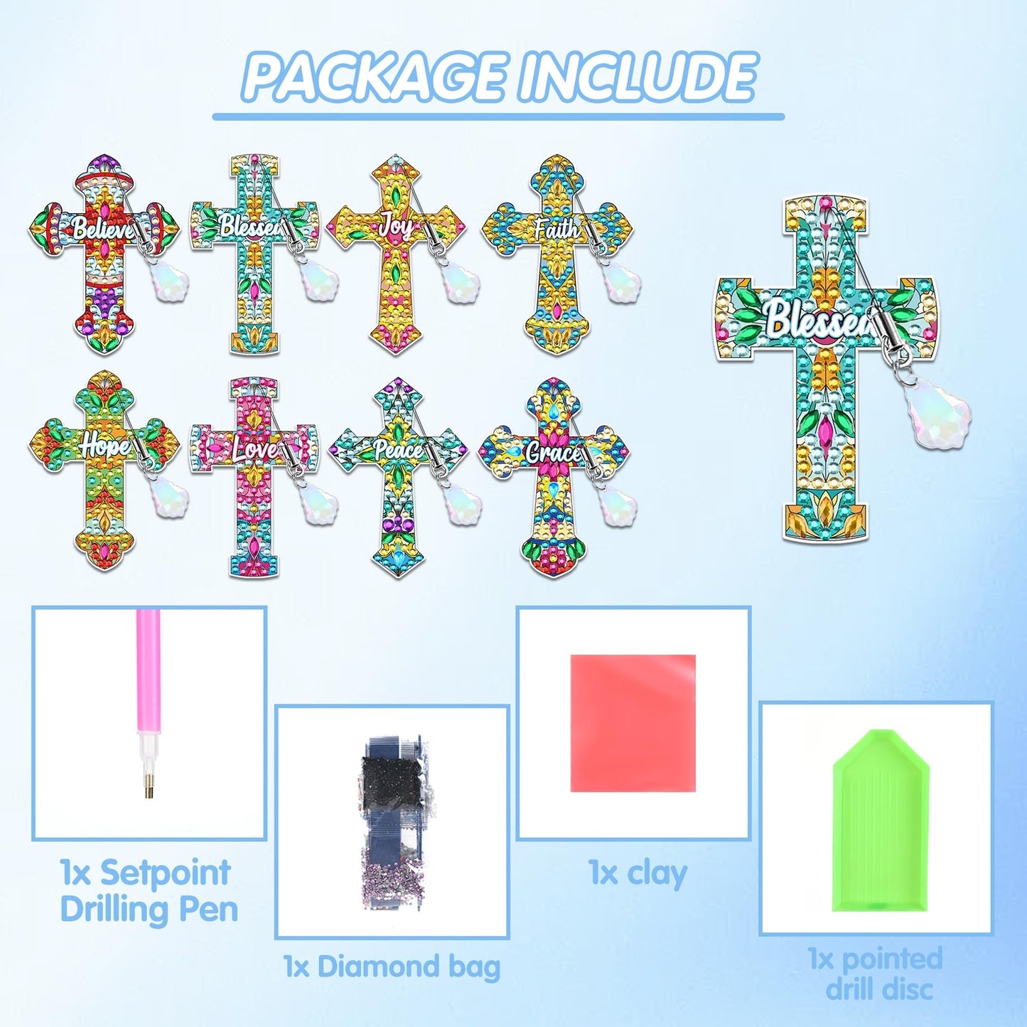 Cross Diamond Art Bookmark Kit: 8 Pcs Christian Bookmarks with Pendant