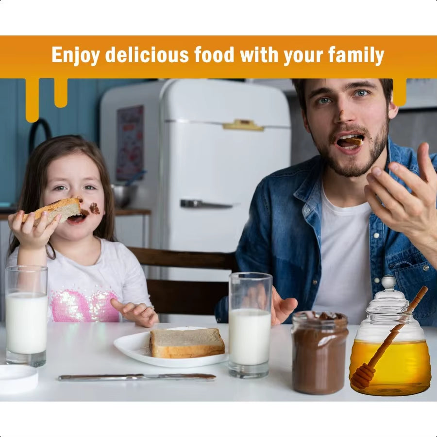 16.9 Oz Honey Pot with Dipper Glass Honey Jar and Dipper Set Honey Dispenser Beehive Honey Pot for Store Honey and Syrup Wooden