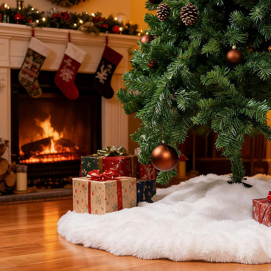 35-Inch White Rabbit Fur Christmas Tree Skirt for Holiday Decor