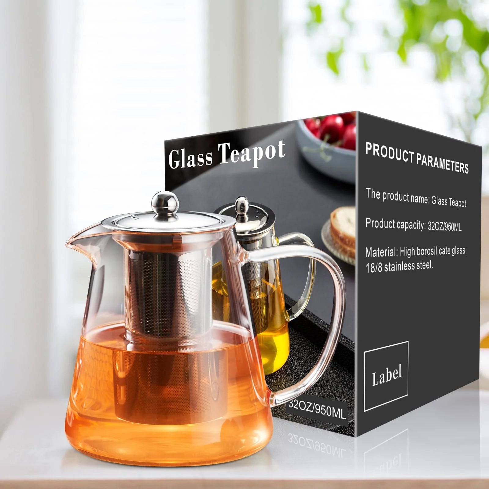 32Oz/ 950ML Borosilicate Glass Stovetop Teapot with Removable 18/8 Stainless Steel Inf for Blooming & Loose Leaf Tea, Camping & Travel