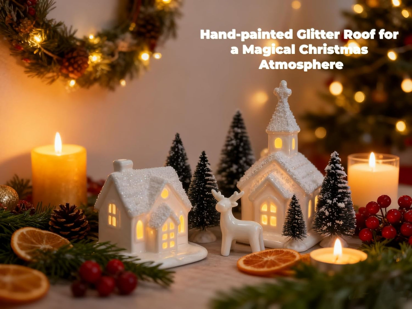 Ceramic Christmas Village Set - 13-Piece Holiday Decor with Trees & Deer