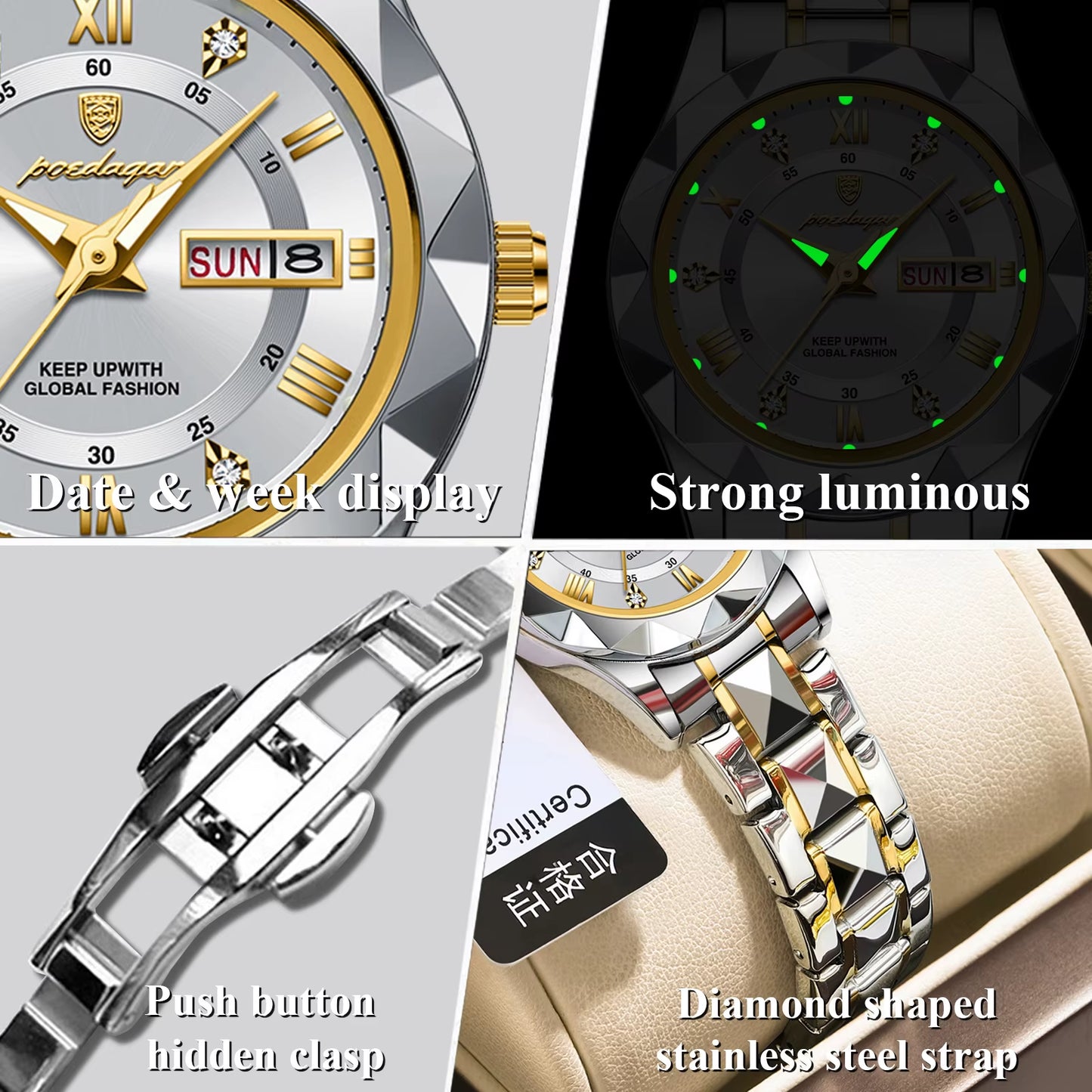 Luxury Quartz Watch for Ladies Waterproof Luminous Date Week Stainless Steel Women Watches Elegant Dress Wristwatch+Box
