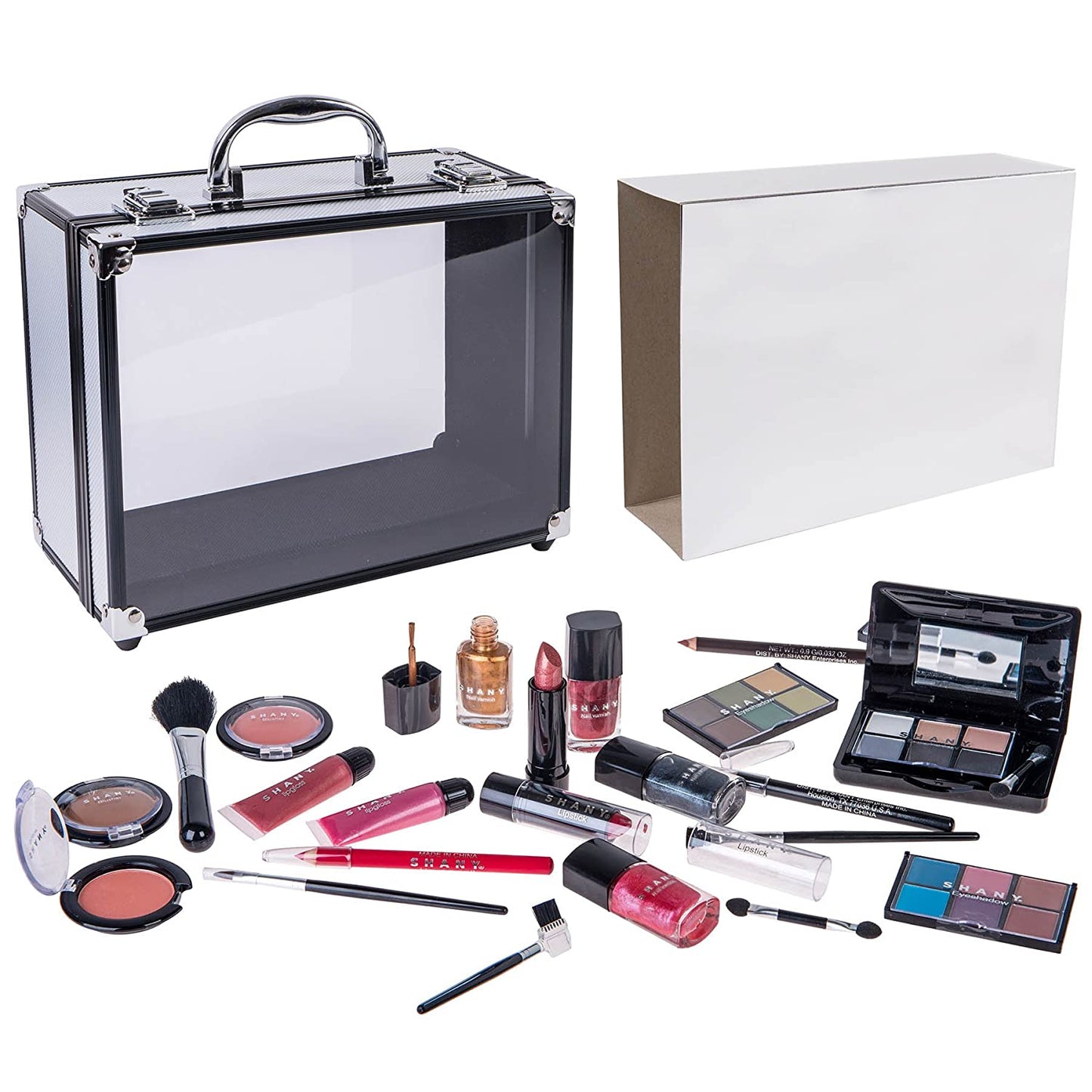Carry All Trunk Makeup Train Case with Re-Usable Aluminum Beauty Storage Organizer Case. Make up Set with Eye Palettes, Blushes,Face Powders, Manicure, Pedicure and Cosmetics Brushes. GIFT SET