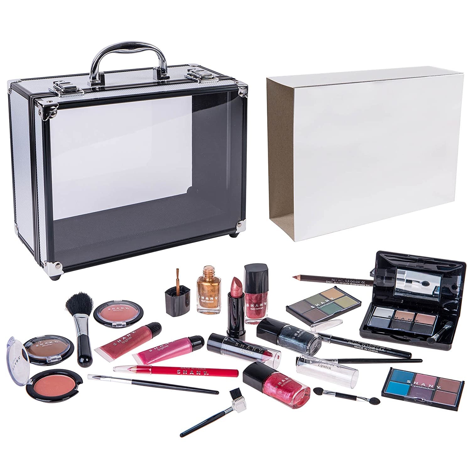 Carry All Trunk Makeup Train Case with Re-Usable Aluminum Beauty Storage Organizer Case. Make up Set with Eye Palettes, Blushes,Face Powders, Manicure, Pedicure and Cosmetics Brushes. GIFT SET
