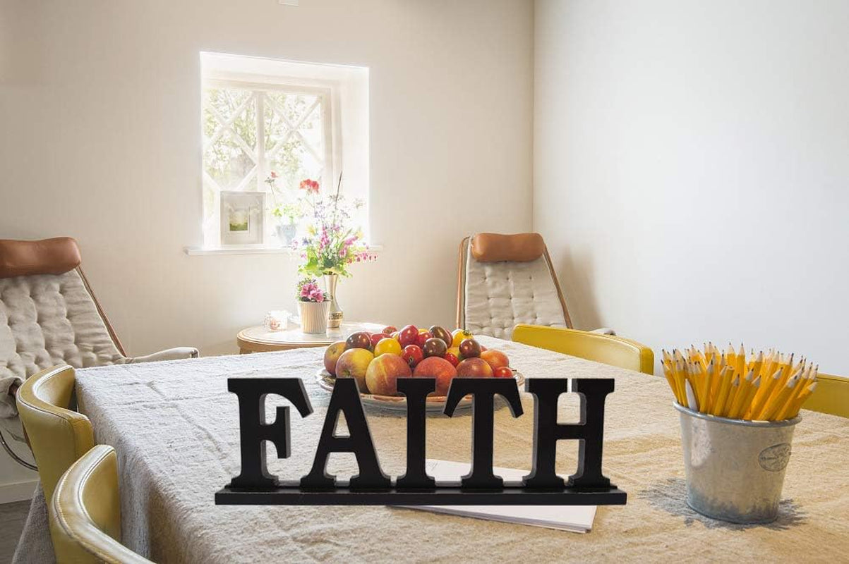 Rustic Wooden Faith Sign for Home Decor - Freestanding Tabletop Decor, 16.2" X 4.85" Black Faith Block Letters