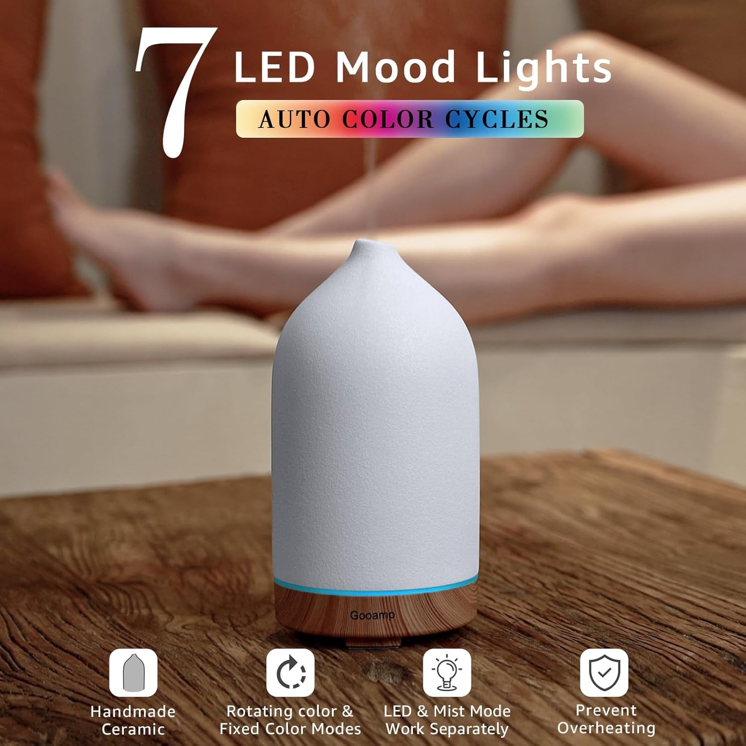 200ML Ceramic Essential Oil Diffuser - Ultrasonic Aromatherapy & Humidifier with 7-Color LED Lights, Auto Shut-Off, Wood Grain Base, 1H/3H/6H Timer | Scent for Home, Office, Yoga