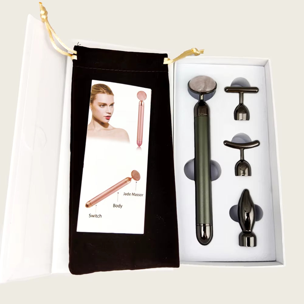 4 in 1 Vibrating Rose Quartz Roller Face Roller Eye Massager Jade Roller T/V Shaped Face Lifting Slimming Beauty Care Massager