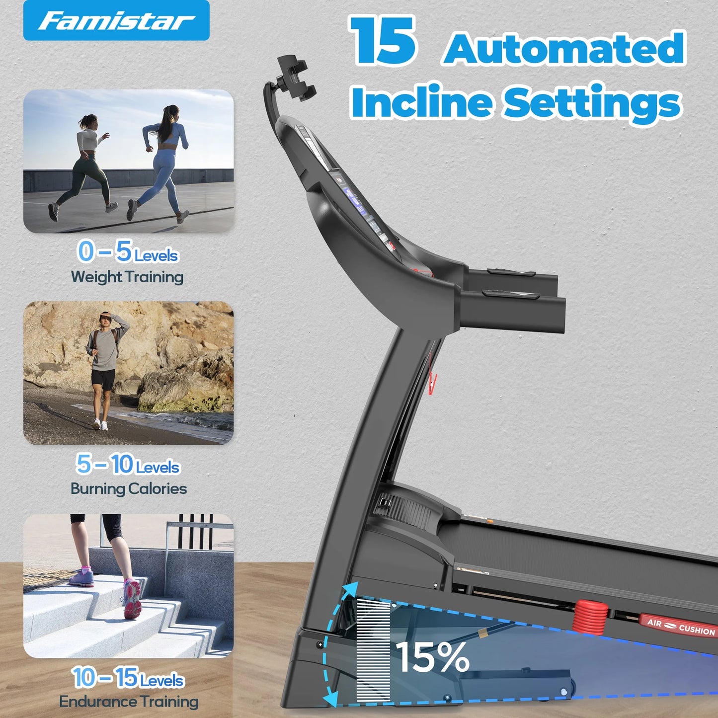 Treadmill 300 LB Capacity for Home Use, 15-Level Auto Incline, 4.9HP Folding Running Walking Treadmill, 10MPH Speed, Bluetooth, Smart Apps, 64+ Programs