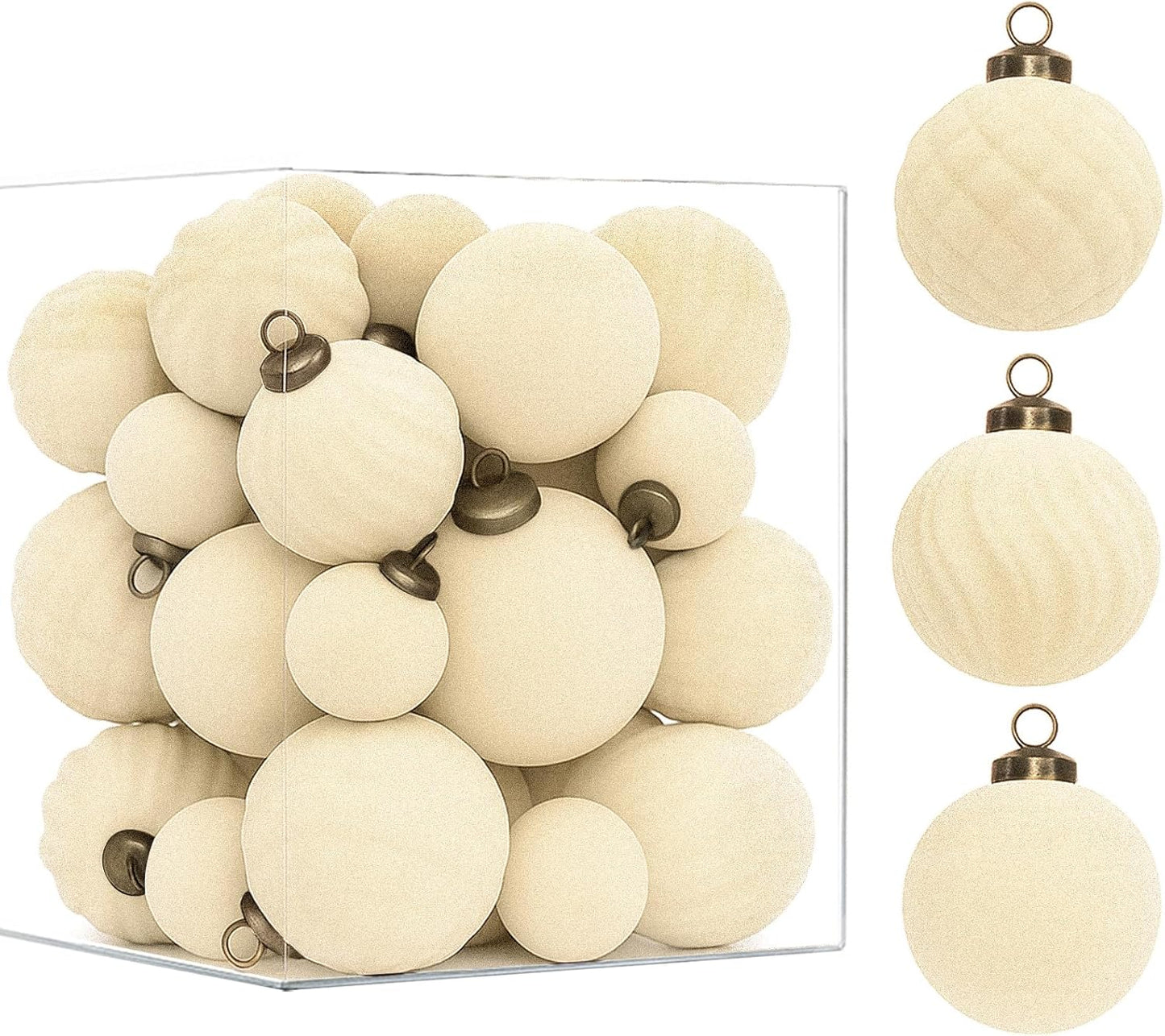 36PCS Shatterproof Velvet Christmas Ornaments Set in Beige for Holiday Decor