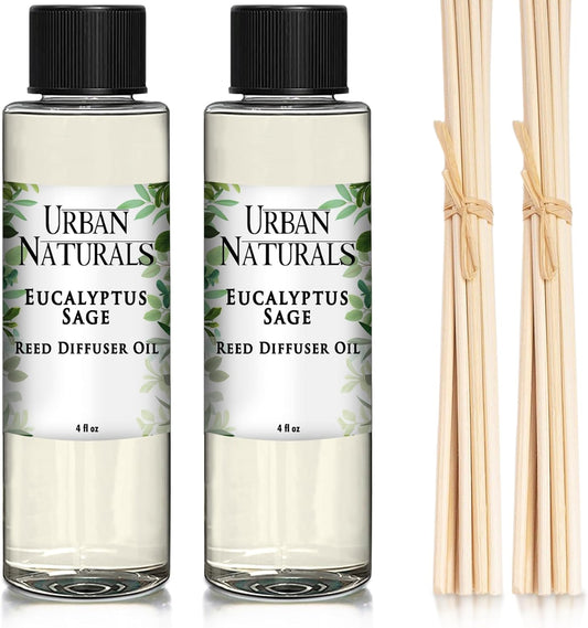 Eucalyptus & Sage Oil Reed Diffuser Refill and Reed Sticks | Eucalyptus, Sage, Mint, Lime and Cedarwood, 4 Oz (2 Pack)