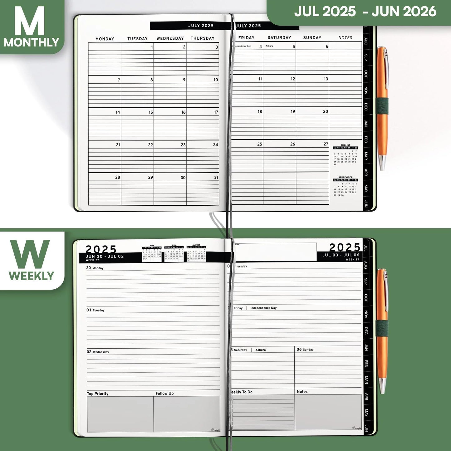 2025 2026 HARDCOVER Leather Planner Weekly & Monthly 6.5 * 8.5 Inches Academic Planner Business Personal or Student Pen Holder Thick Paper July 2025 June 2026 (Dark Green)