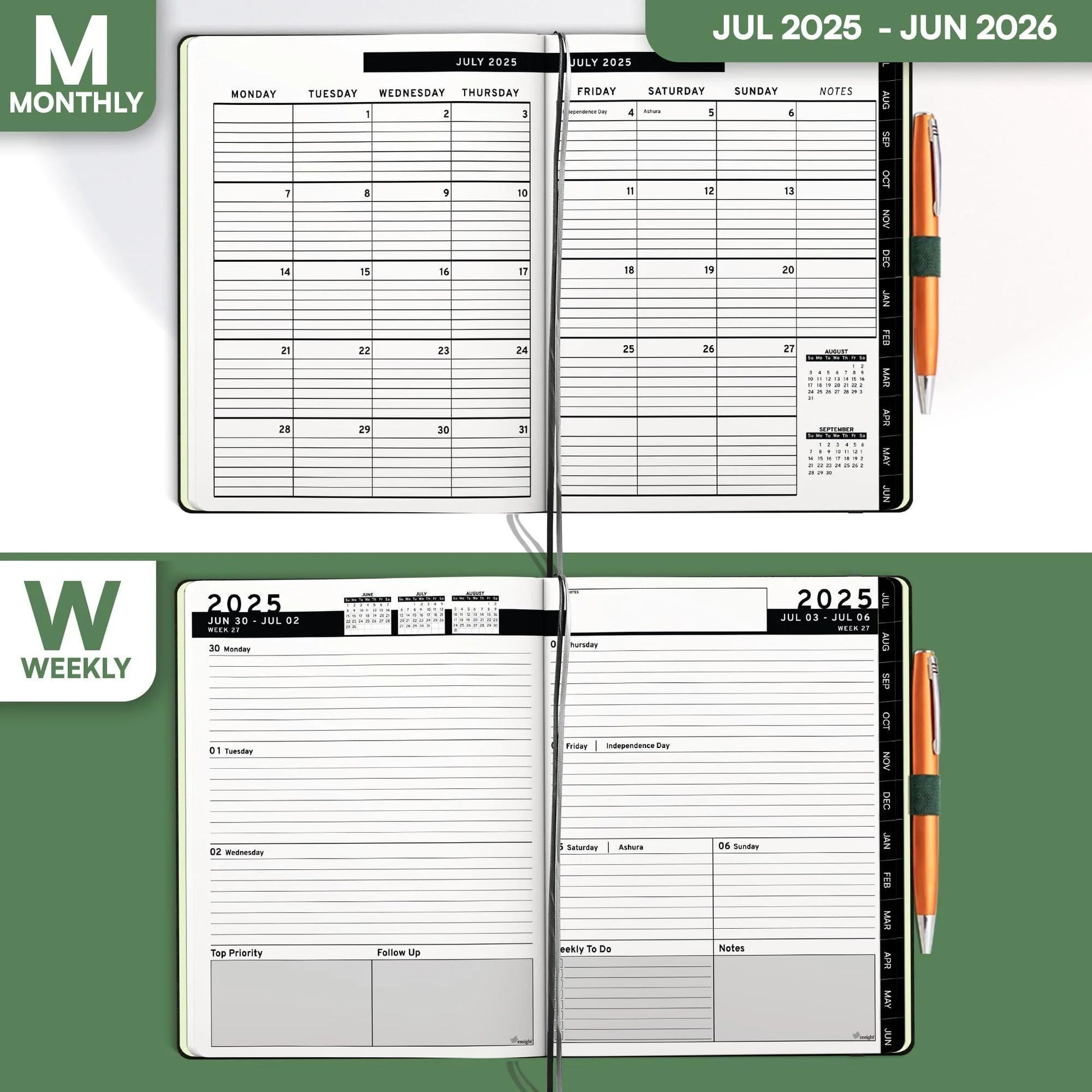 2025 2026 HARDCOVER Leather Planner Weekly & Monthly 6.5 * 8.5 Inches Academic Planner Business Personal or Student Pen Holder Thick Paper July 2025 June 2026 (Dark Green)