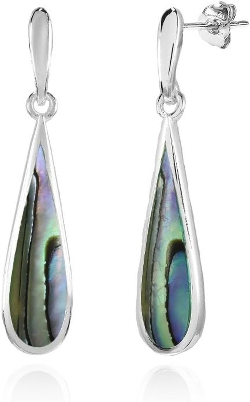Sterling Silver Abalone or Simulated Turquoise Polished Long Teardrop Dangle Earrings
