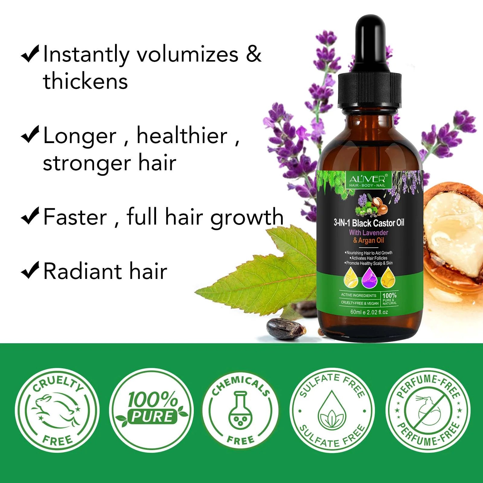 3-IN-1 Black Castor Oil with Lavender & Argan Oil, 100% Pure & Natural, Hair Care & Skin Care, Organic Cold-Pressed, Cruelty-Free & Vegan, 2.02 Fl Oz