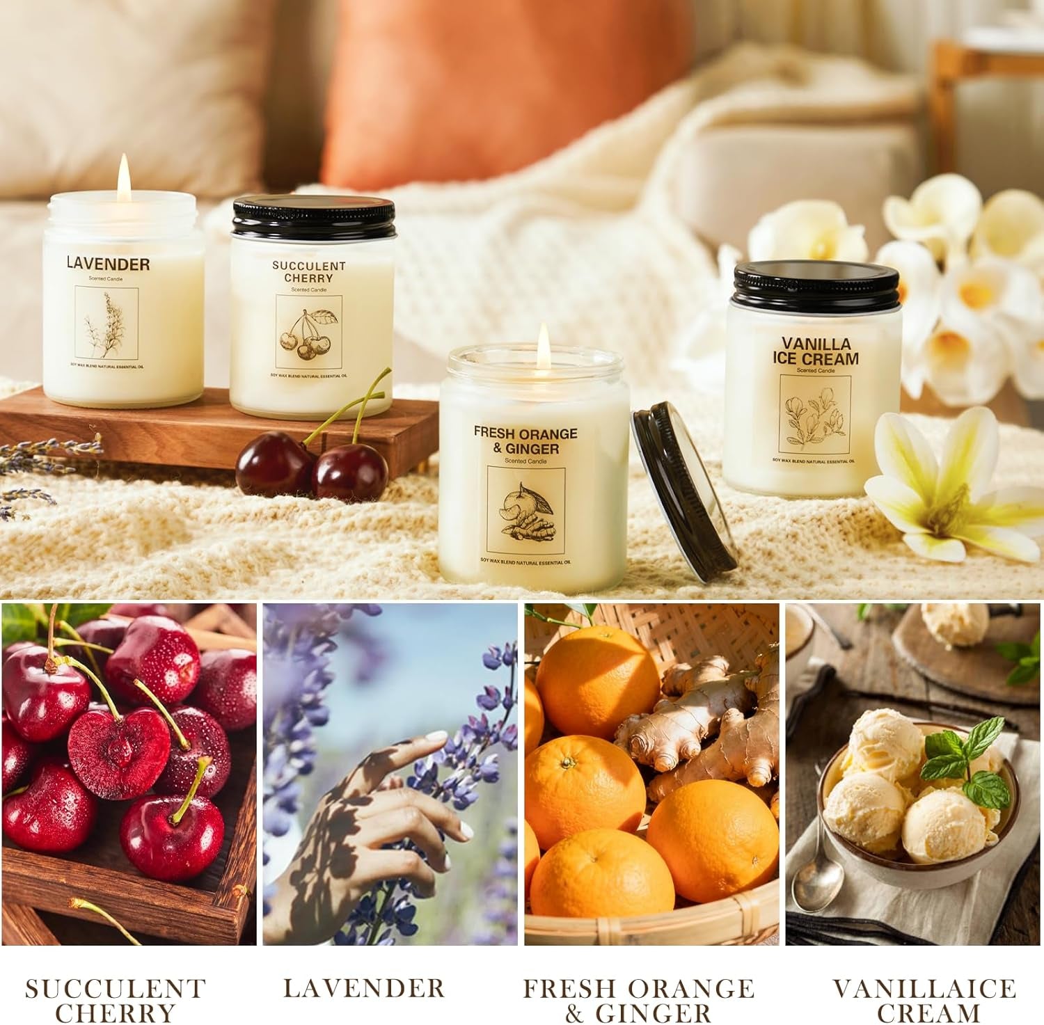 Soy Wax Scented Candle Gift Set, 4 Pack Lavender, Orange & Ginger, Vanilla Scents, Long Lasting Aromatherapy Candles for Home, Relaxing Holiday & Thanksgiving Christmas Gifts for Women, Mom & Friends