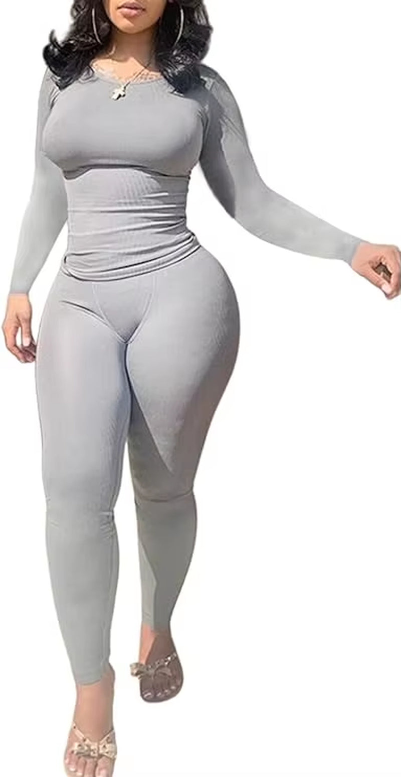 2Pcs Solid Color Yoga Workout Set Long Sleeve round Neck Top & High Stretch Running Sports Leggings Suit Women'S Activewear