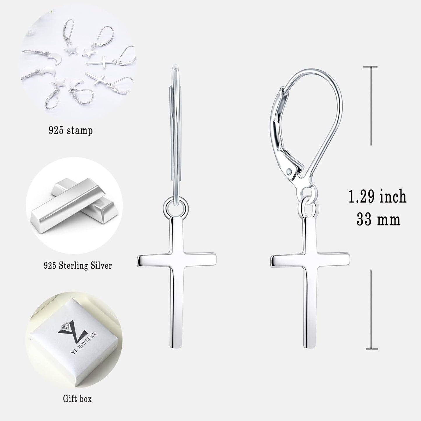 Cross/Star/Moon Earrings 925 Sterling Silver Polished Leverback Earrings Dangle Drop Jewelry for Women