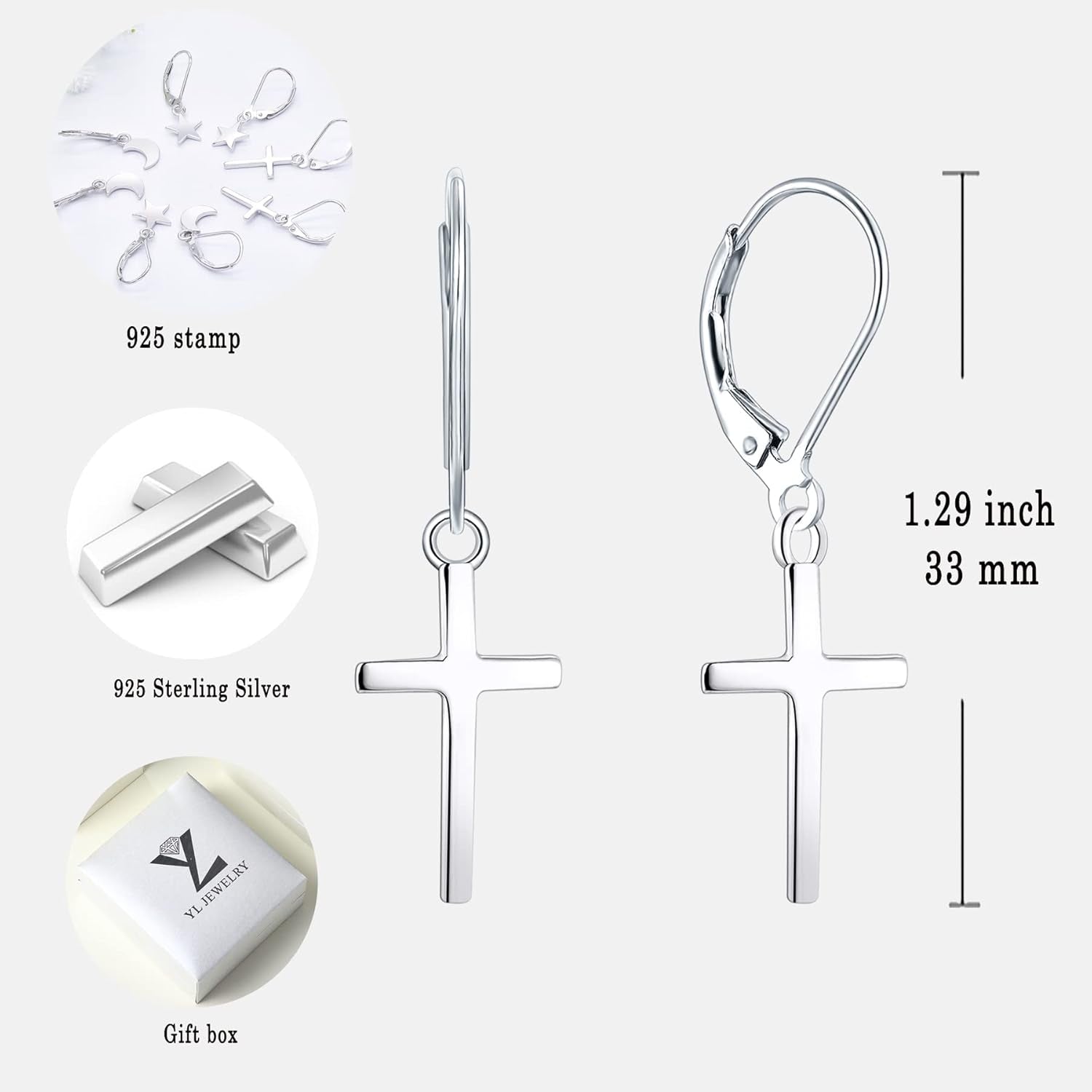 Cross/Star/Moon Earrings 925 Sterling Silver Polished Leverback Earrings Dangle Drop Jewelry for Women