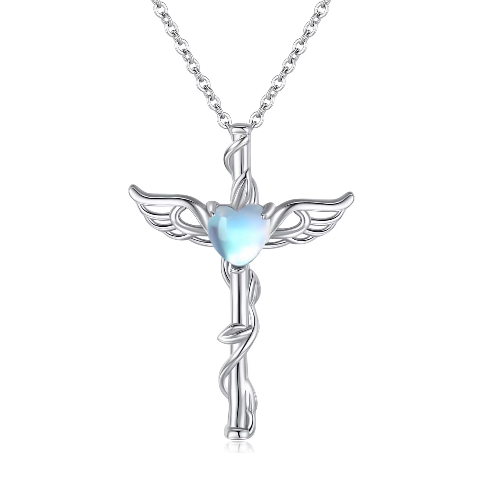 Angel Wing Cross Necklace 925 Sterling Silver Moonstone Cross Crucifix Pendant Necklace Guardian Angel Wings Necklace Cross Jewelry Gifts for Women