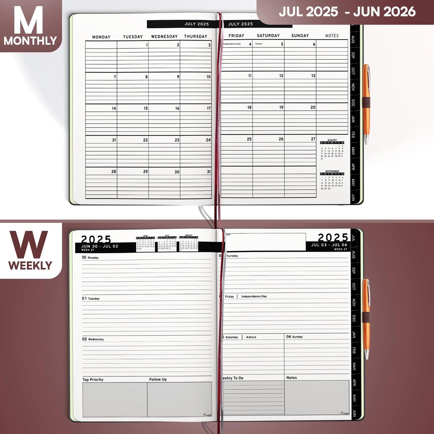 2025 2026 HARDCOVER Leather Planner Weekly & Monthly 8.5X11 Inches Academic Planner Business Personal or Student Pen Holder Thick Paper July 2025 June 2026 (Dark Red)