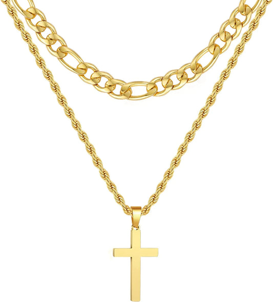 Layered Gold Cross Necklaces for Men Boys Stainless Steel Figaro Twist Rope Pendant Chain Necklaces Set Graduation Christian Religious Birthday Jewelry Gifts Ideas Dad Son Teen Teenage Kids