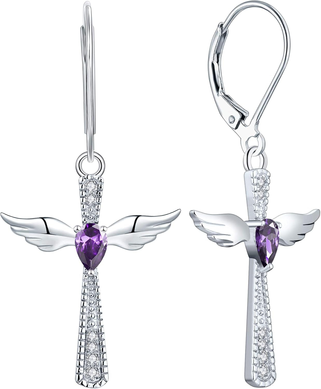 925 Sterling Silver Cross Dangle Drop Earrings Pear Cut Birthstone Angel Wings Leverback Earrings for Women