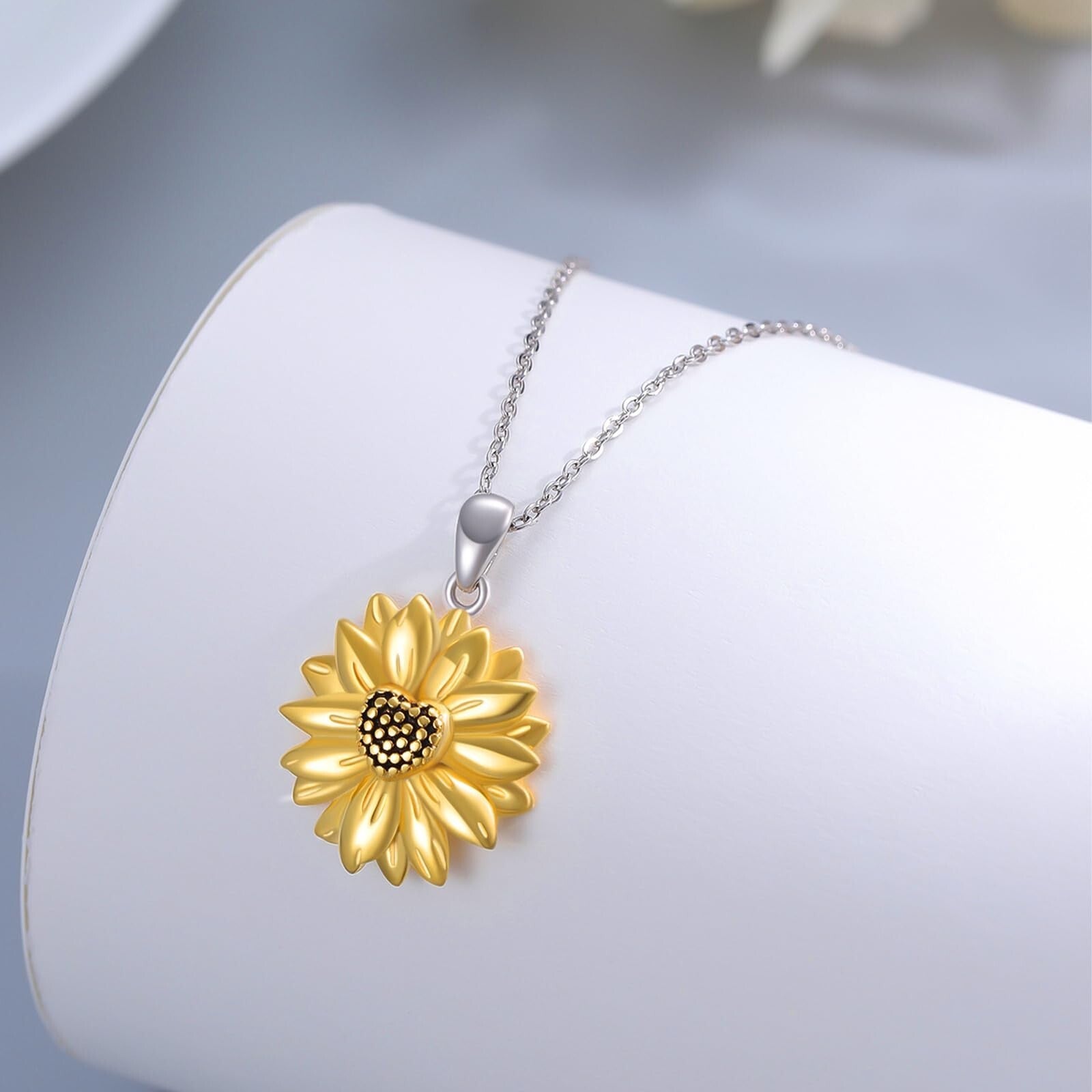 Sunflower Necklace for Women 925 Sterling Silver Sunflower Pendant Necklace Y...